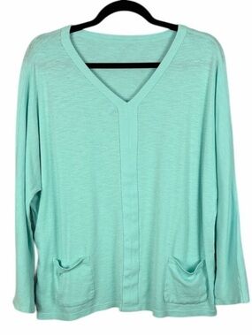 Chico’s Aqua Blue V-Neck Top Long Sleeve Soft Knit Relaxed Fit Pockets XL